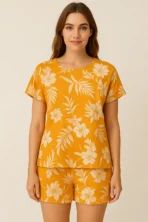 Floral & Leaf Print Top & Shorts Set in Light Orange - Rayon
