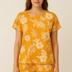 Floral & Leaf Print Top & Shorts Set in Light Orange - Rayon
