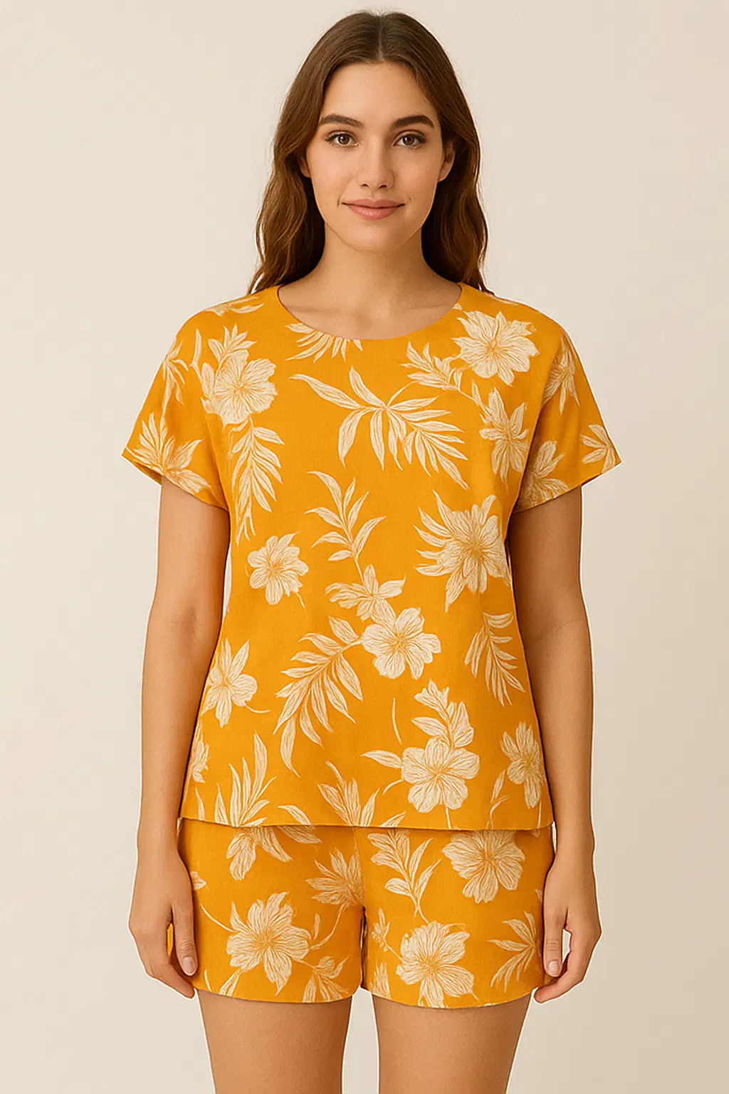 clovia-picture-floral-leaf-print-top-shorts-set-in-light-orange-rayon-312440 Floral & Leaf Print Top & Shorts Set in Light Orange - Rayon - Image 1
