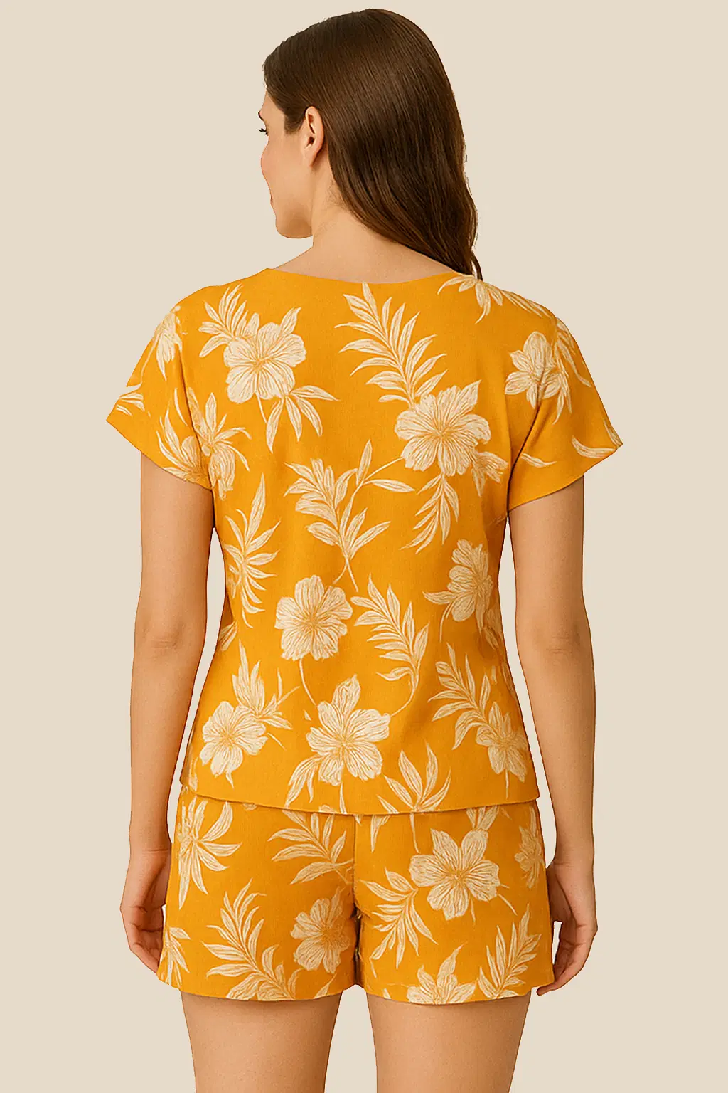 clovia-picture-floral-leaf-print-top-shorts-set-in-light-orange-rayon-814001 Floral & Leaf Print Top & Shorts Set in Light Orange - Rayon - Image 2