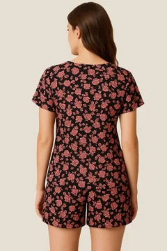Floral Print Top & Shorts Set in Black - Rayon - Image 2