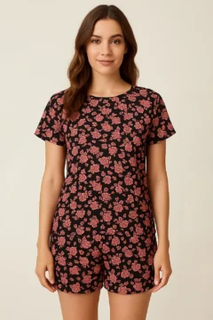 Floral Print Top & Shorts Set in Black - Rayon
