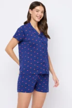 Heart Print Button Down Shirt & Shorts Set in Dark Blue - 100% Cotton - Image 2
