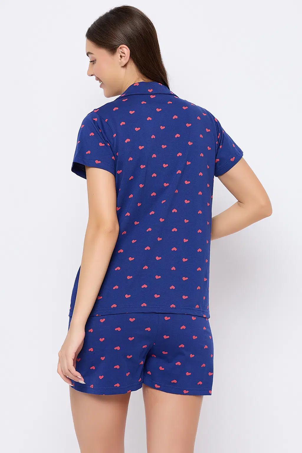 clovia-picture-ls0094f08-295872 Heart Print Button Down Shirt & Shorts Set in Dark Blue - 100% Cotton - Image 4