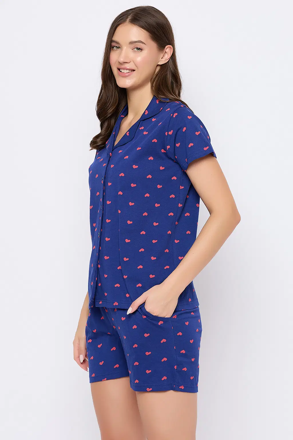 clovia-picture-ls0094f08-637972 Heart Print Button Down Shirt & Shorts Set in Dark Blue - 100% Cotton - Image 3