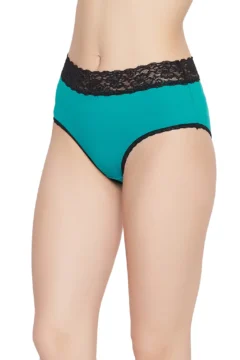 Mid Waist Hipster Panty in Teal with Lace Waist - Cotton - Image 2