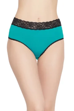 Mid Waist Hipster Panty in Teal with Lace Waist - Cotton